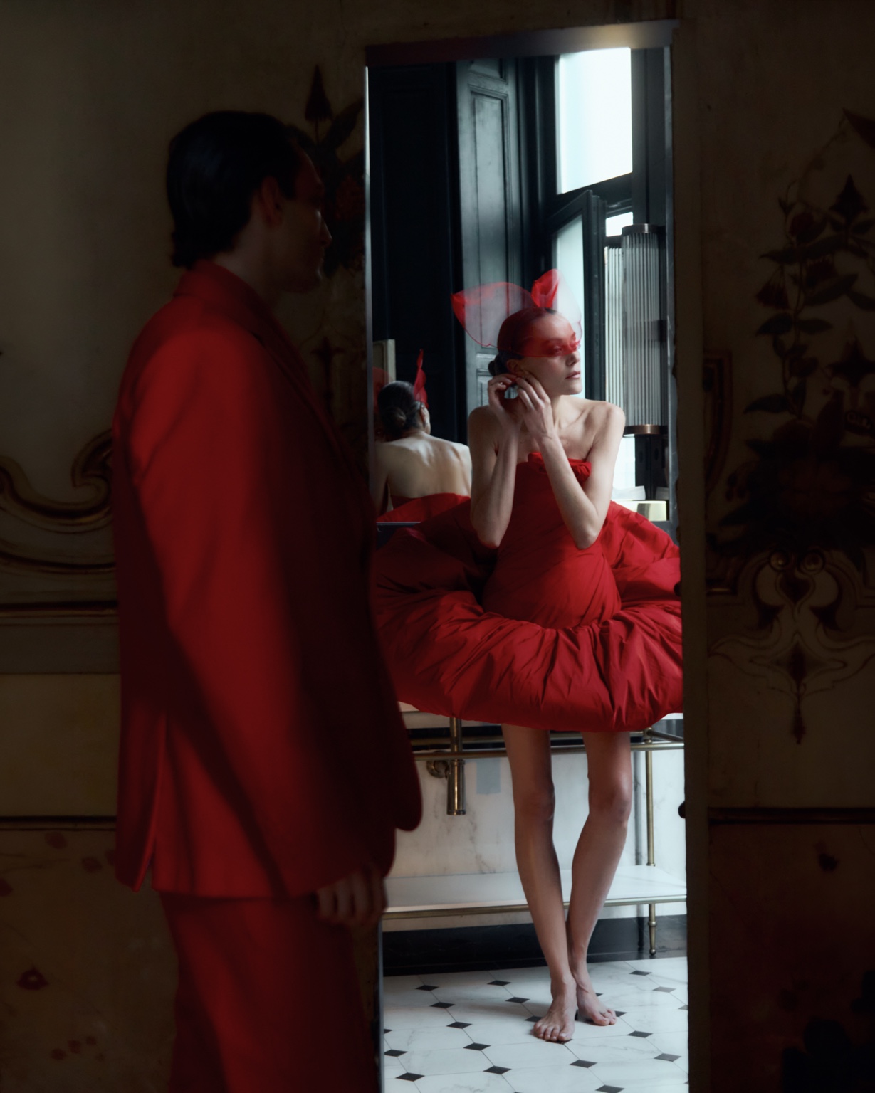 A red scene by the window