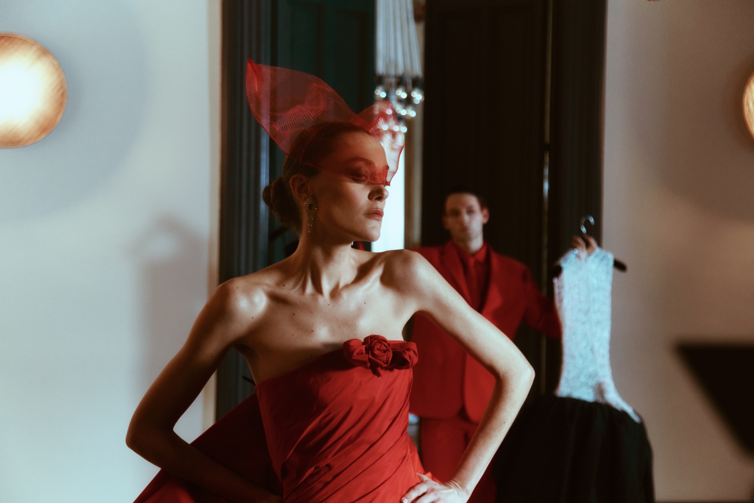 A woman dressed in red